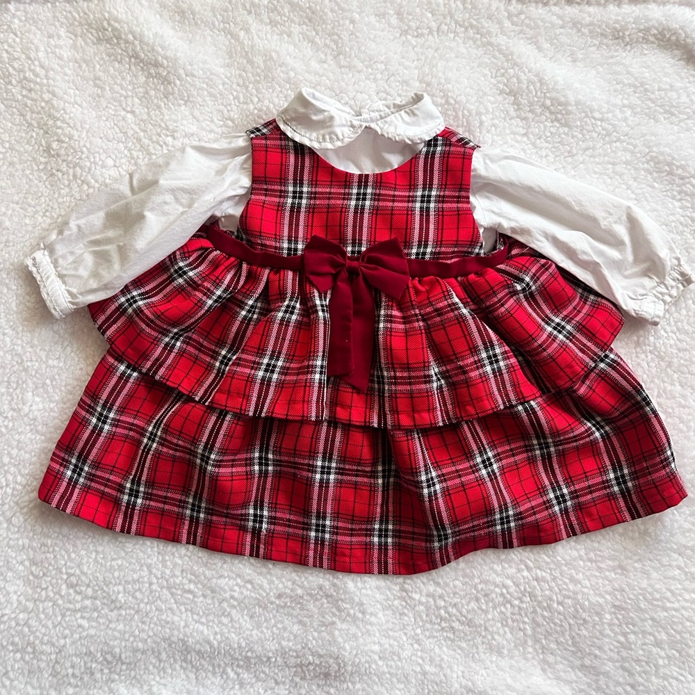 Fantasie Kids Baby Dress Red Plaid White Collar Button Up Shirt 2 Piece Set 9m